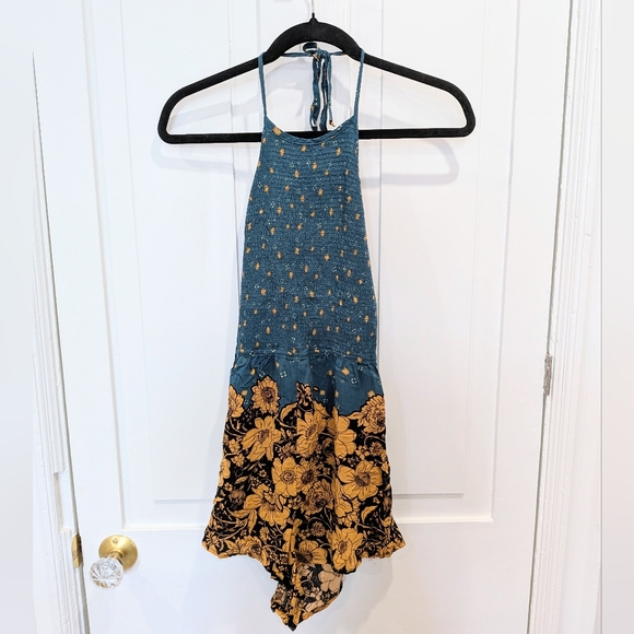 UO Out From Under Teal and Yellow Floral Halter Backless Romper | Medium - Picture 1 of 4
